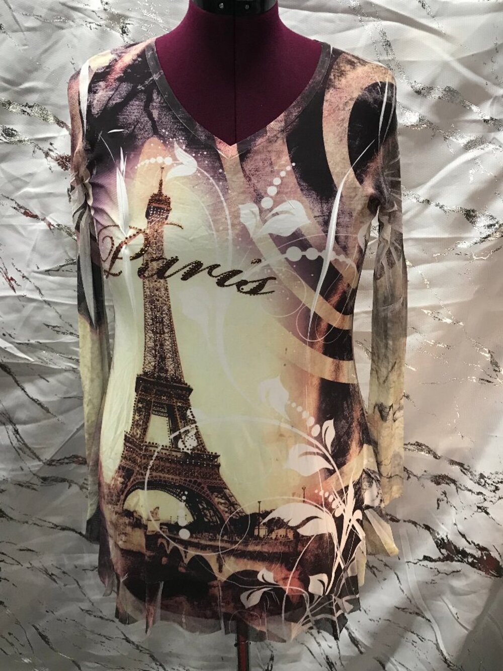 Cover Charge Women's Paris Themed Eiffel Tower Graphic Mesh Long Sleeve Top